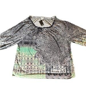 Avenue Black Whit Seafoam Mandala Print 3/4 Sleeve Plus Size Blouse